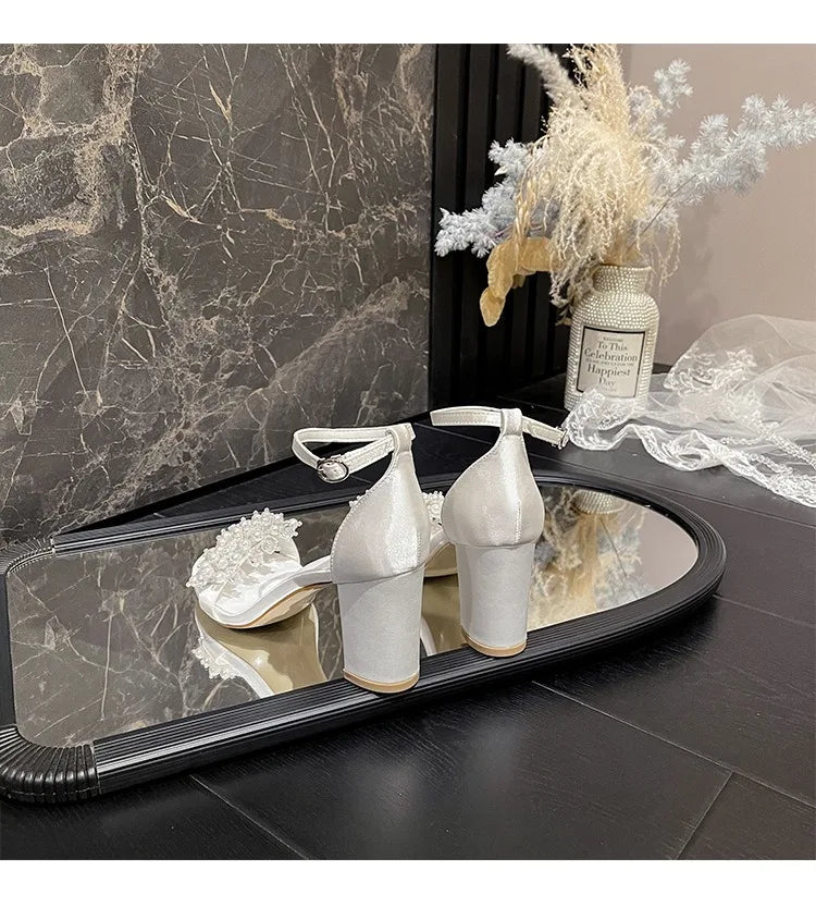 2025 New Style Thick Heel Line With Round Head Large Size Sandals Pearl Buckle High Heel White Bridal Wedding Shoes For Female