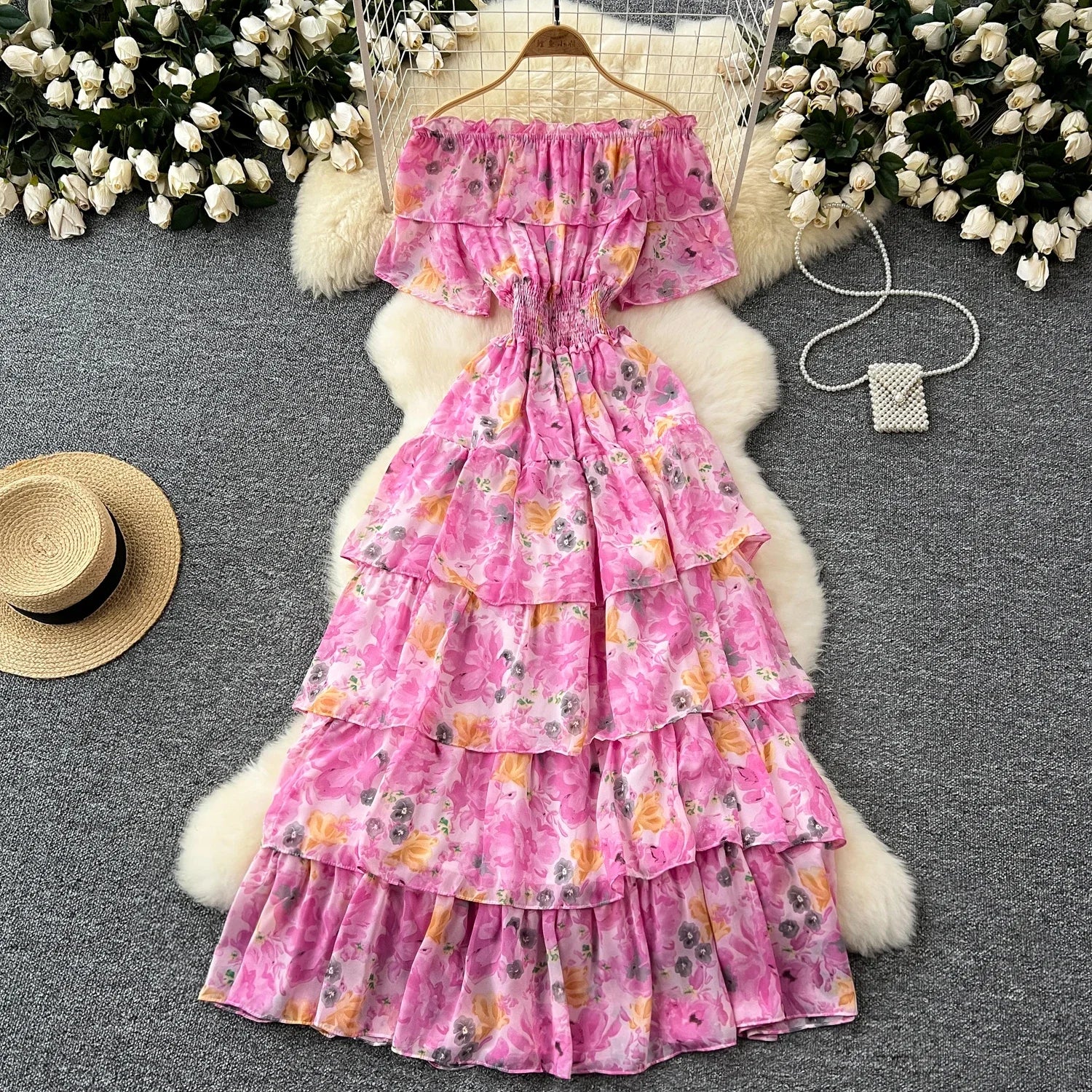 French Vintage Off Shoulder Short Sleeve Ruffle Tiered Long Dresses Chic Casual Beach Vacation Women Summer Chiffon Clothing