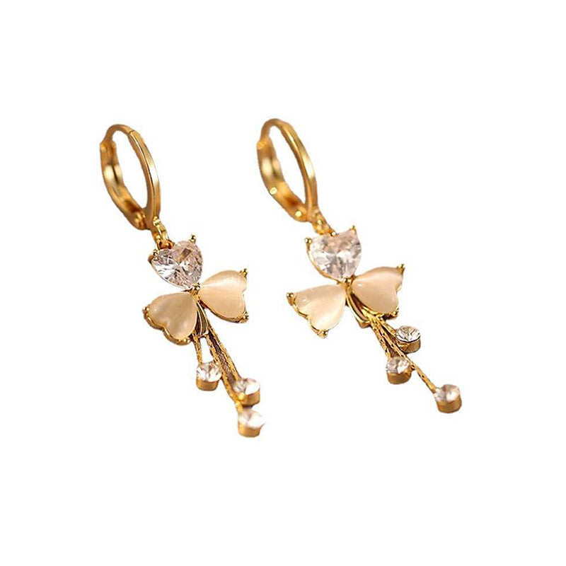 New Korean Fashion Clover Crystal Love Heart Dangle Earrings for Women Luxury Opal Tassel Pendant Earring Jewelry Party Gifts