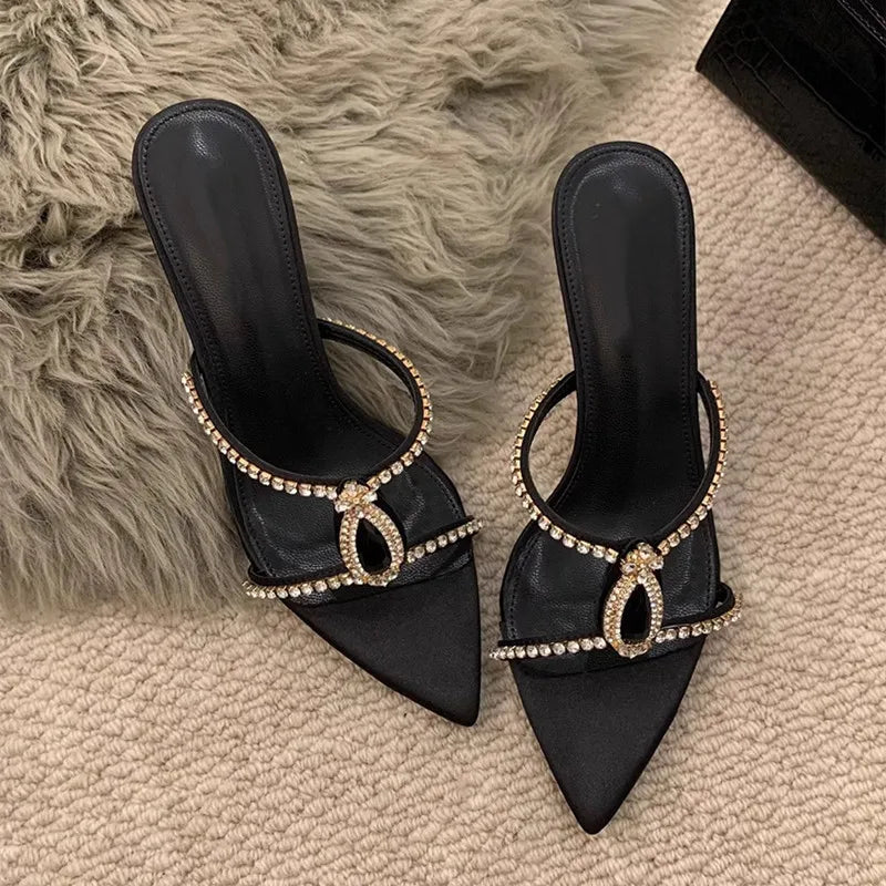 Luxury Rhinestones Gem Women Slippers Sandals Elegant Pointed toe Stiletto High heels Mules Slides Fashion Summer Party Shoes