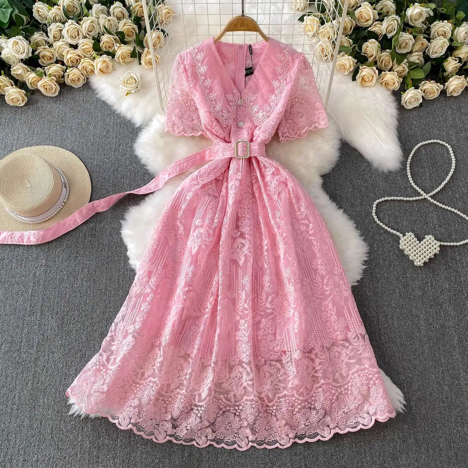 Luxury Formal Evening Lace Dress Women Summer Short Sleeve Crochet Embroidery Prom Long Dresses Runway Party Vestidos