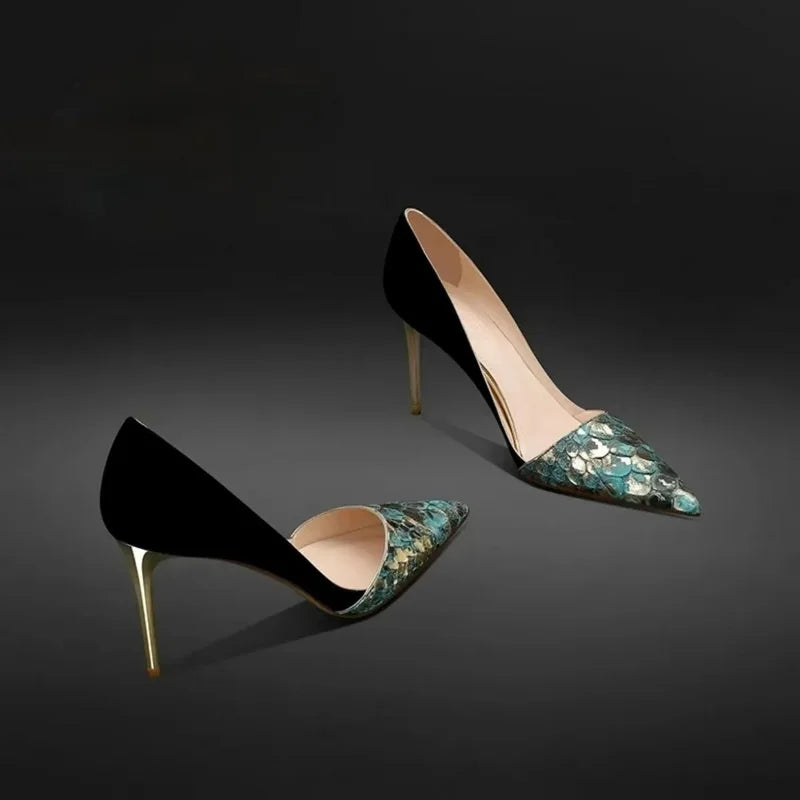 Fashion New Genuine Leather Women Pumps,Side Shallow Out High Heels Autumn Shoes,Slip on,Green,Gold,Pointed Toe Dropship