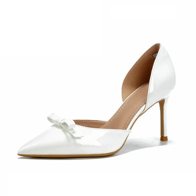 New Autumn Patent Leather Nude High Heels Thin Heel Pointed Bow Korean Version Summer Senior Feeling Hollow Female Pumps