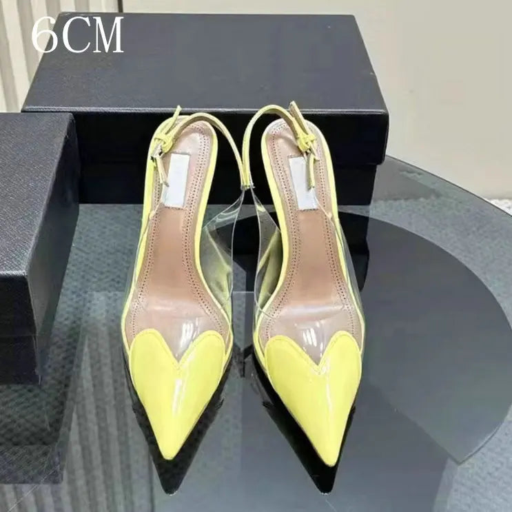 2025 New Pointy Peach Heart Fine Heel Shoes Sexy Pvc Transparent Film Black Patent Leather High Heel Overhead Sandals