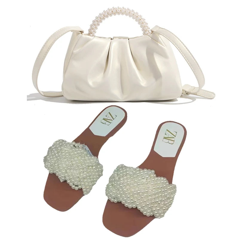 2025 Summer New Product Women's Shoes White Pearl Weaving Flat Sandals Outerwear Fashion Cool Slippers Pearl Bag Shoe Bag Set