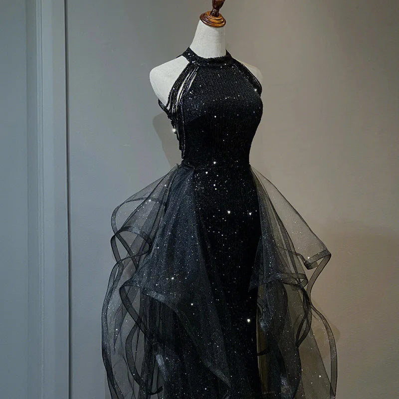 Black Sequined Evening Dress, High-end Light Luxury Hanging Neck Dress, High-end Feeling, Annual Meeting Art Exam for Women