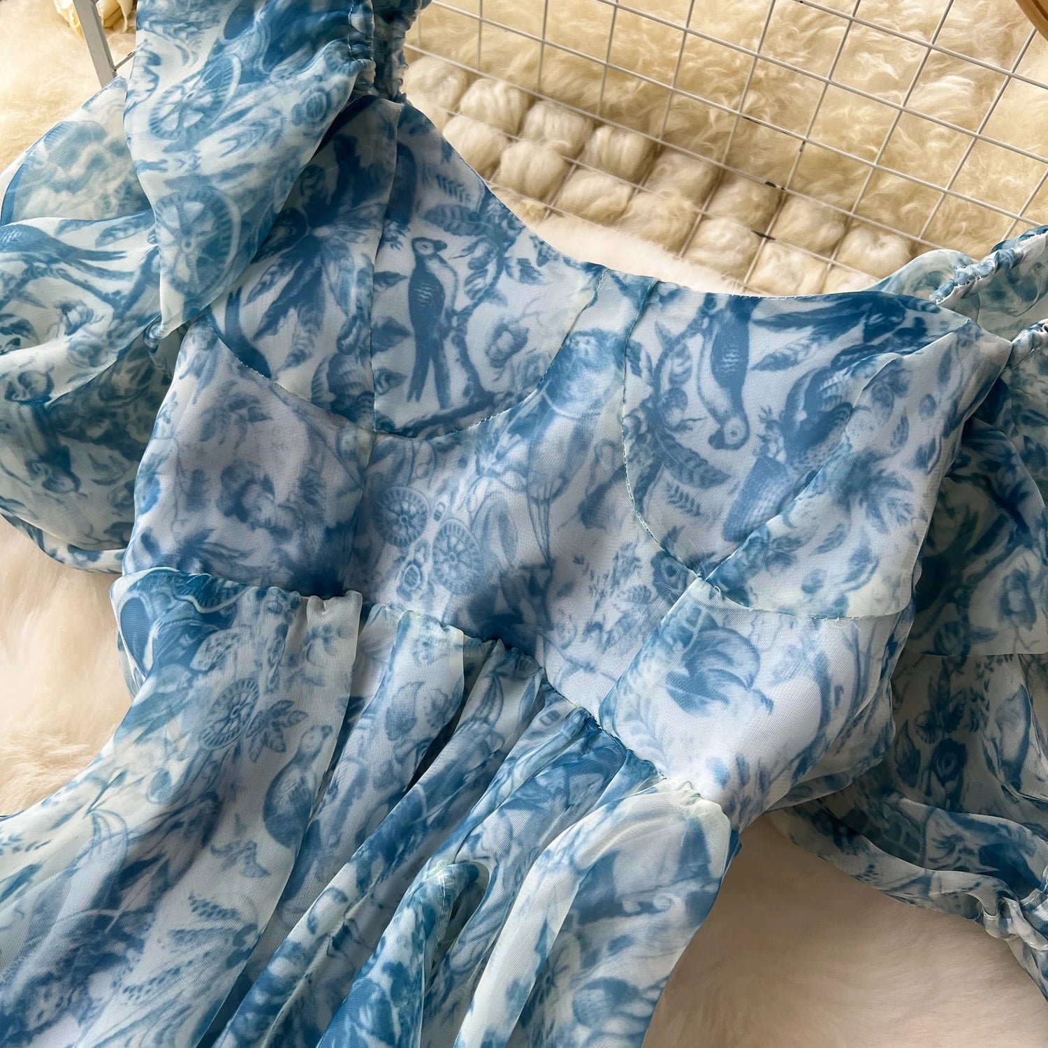 French Vintage Square Collar puff sleeve ruffle Dress A-line Chic Casual Beach Vacation Women Summer sweet dresses