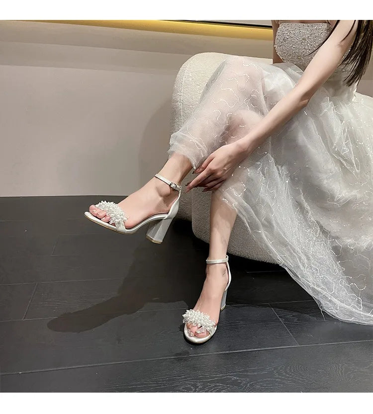 2025 New Style Thick Heel Line With Round Head Large Size Sandals Pearl Buckle High Heel White Bridal Wedding Shoes For Female