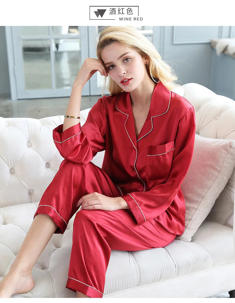 100% Mulberry Silk Pajamas Women Summer Winter Spring Long-sleeved Two-piece Couple Home Service Silk Pajamas For Lady