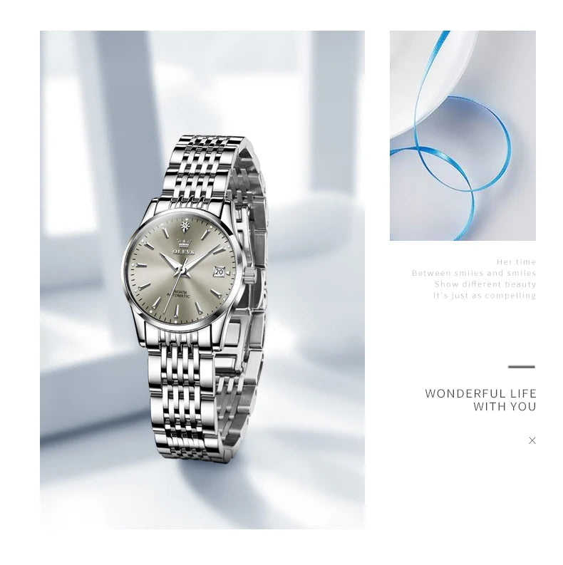 OLEVS 6635 Luxury Brand Ladies Watch Automatic Mechanical Wristwatch Waterproof Stainless Steel Watch For Women Chronograph Date