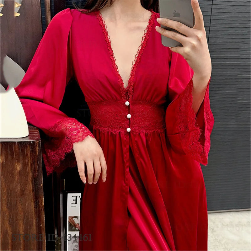 Burgundy Satin Long 2PCS Robe Nightgown Set Spring Summer Women Sleepwear Bathrobe Sexy Lace Nightgown Loose Homewear Loungewear