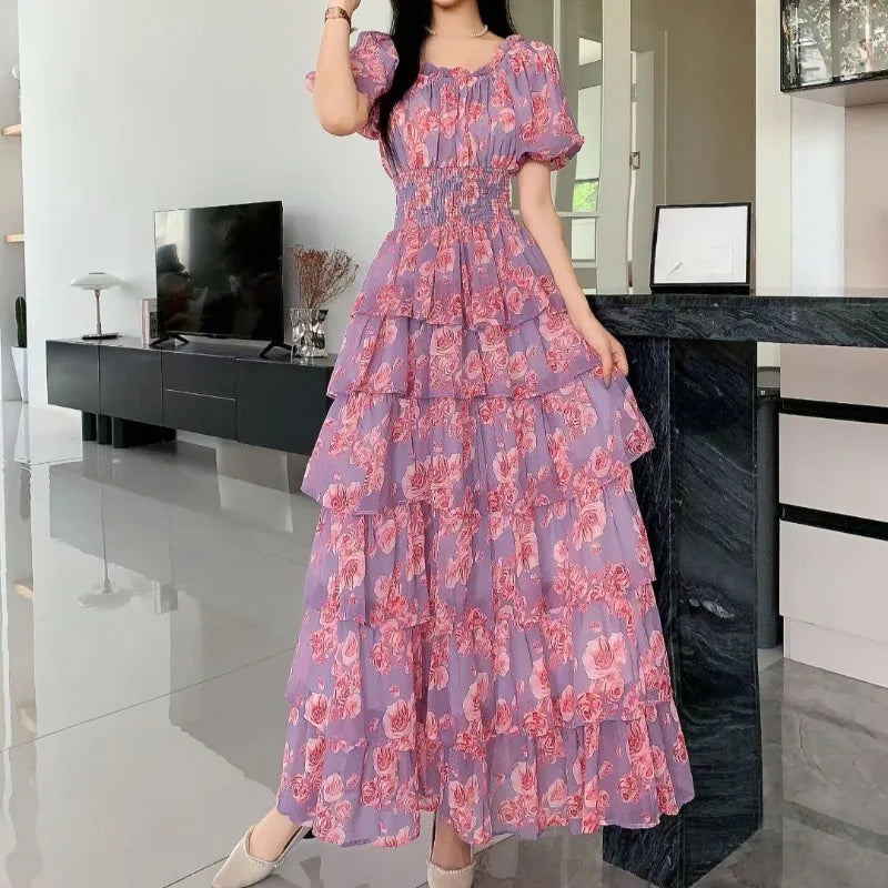 OCEANLOVE Women Dresses Puff Sleeve Print Floral Beach Style Elegant Vestidos Mujer Spring Summer Fashion A-line Long Dress