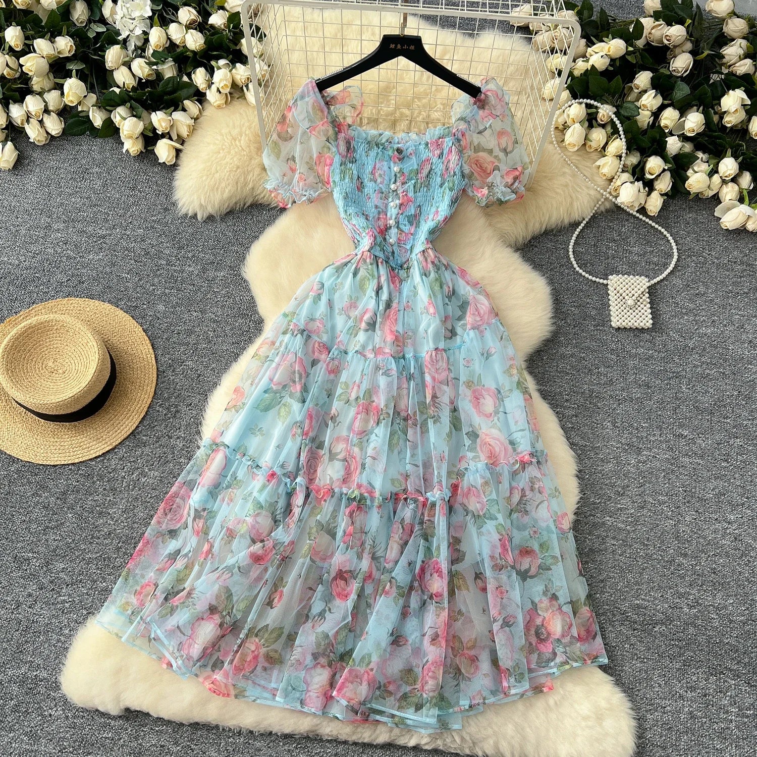 Retro Floral Chiffon Dr Women's Waist Cinched One oulder Bubble Sve Me Skirt Commute Korean Sle High Waist A-Line...