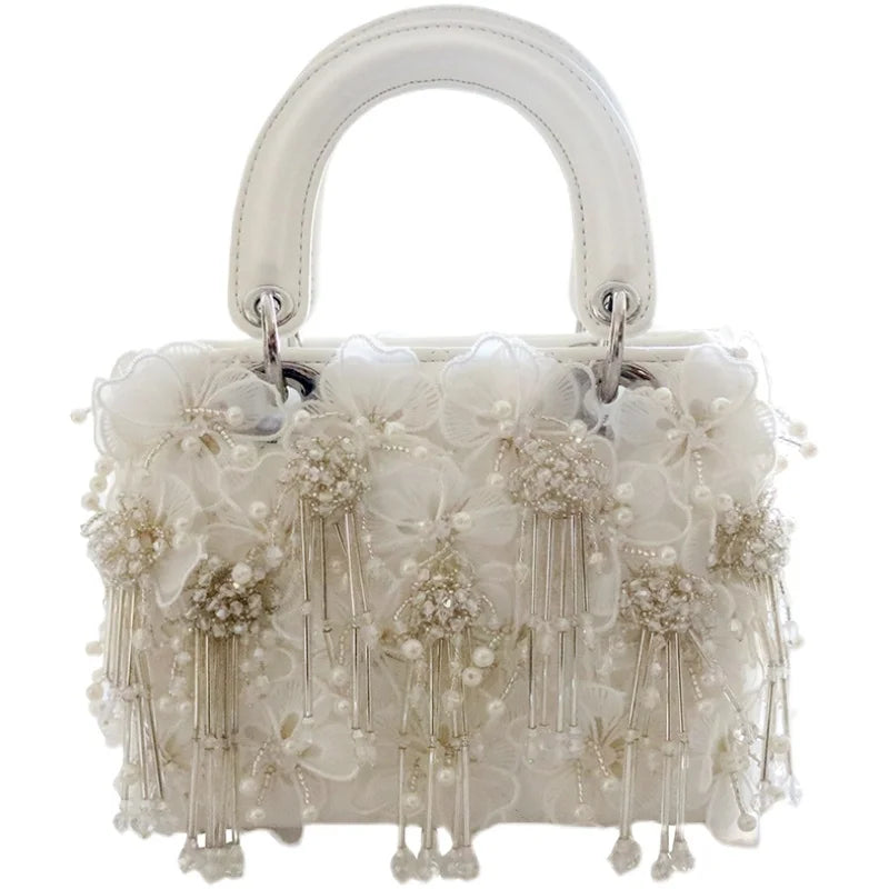Sea Fairy Tassel Flower Bag 2024 Summer New Shoulder Crossbody All Western Style White Women's Bag Princess Bag Cute Banquet Bag