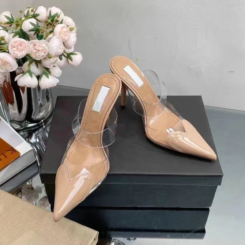 2025 Colorful Heart-Shaped Transparent Sexy Patchwork Color Sandals Women'S Half-Toe Pointed Toe Slippers 6cm/8cm/10cm