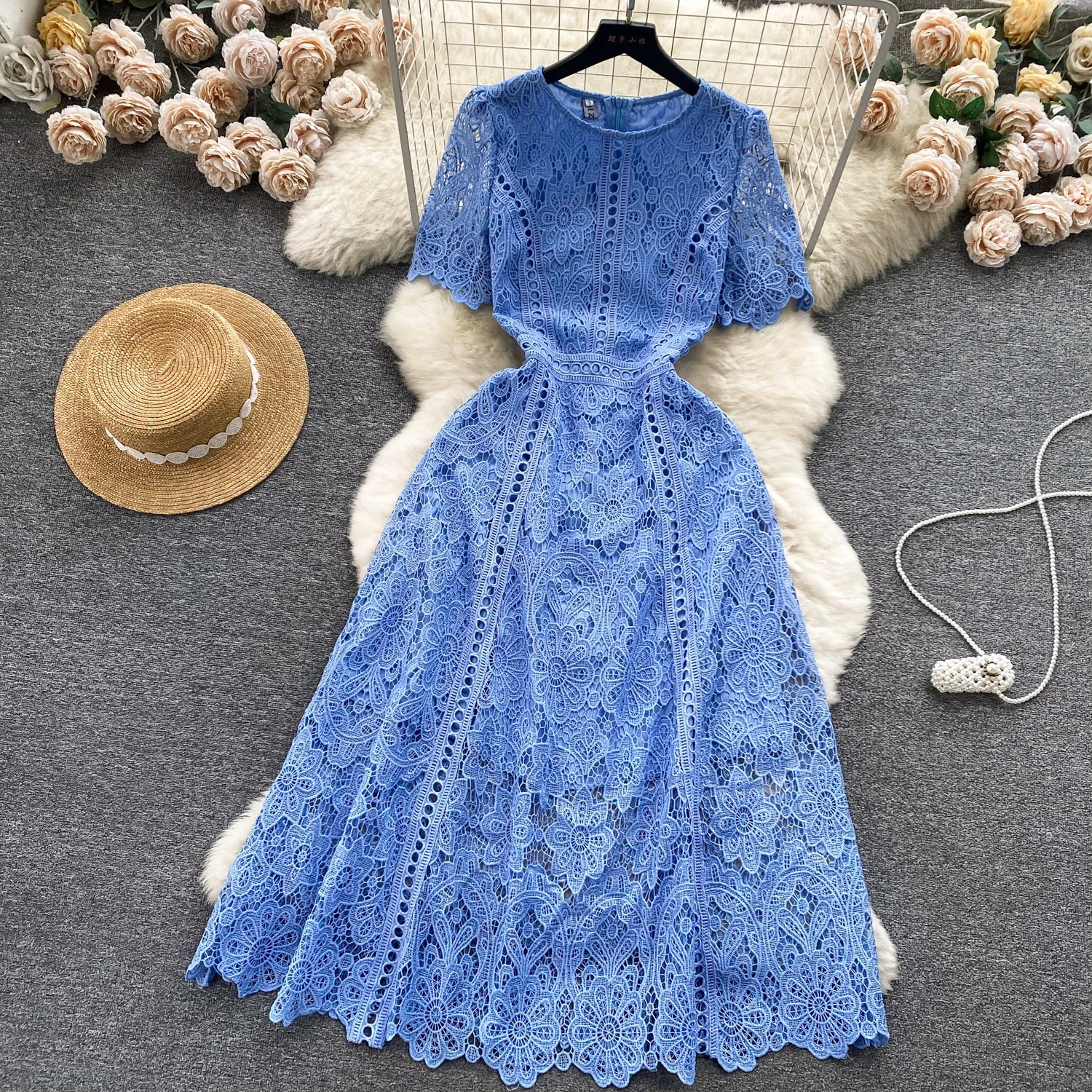 Embroidery Crochet Hollow Out Lace Dress For Women Summer Fashion Runway Short Sleeve Slim Waist Casual Party Midi Vestidos 6931