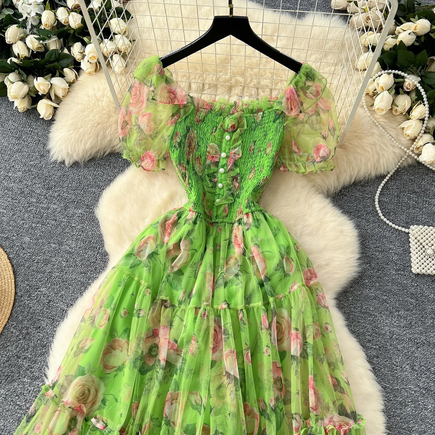 Retro Floral Chiffon Dr Women's Waist Cinched One oulder Bubble Sve Me Skirt Commute Korean Sle High Waist A-Line...