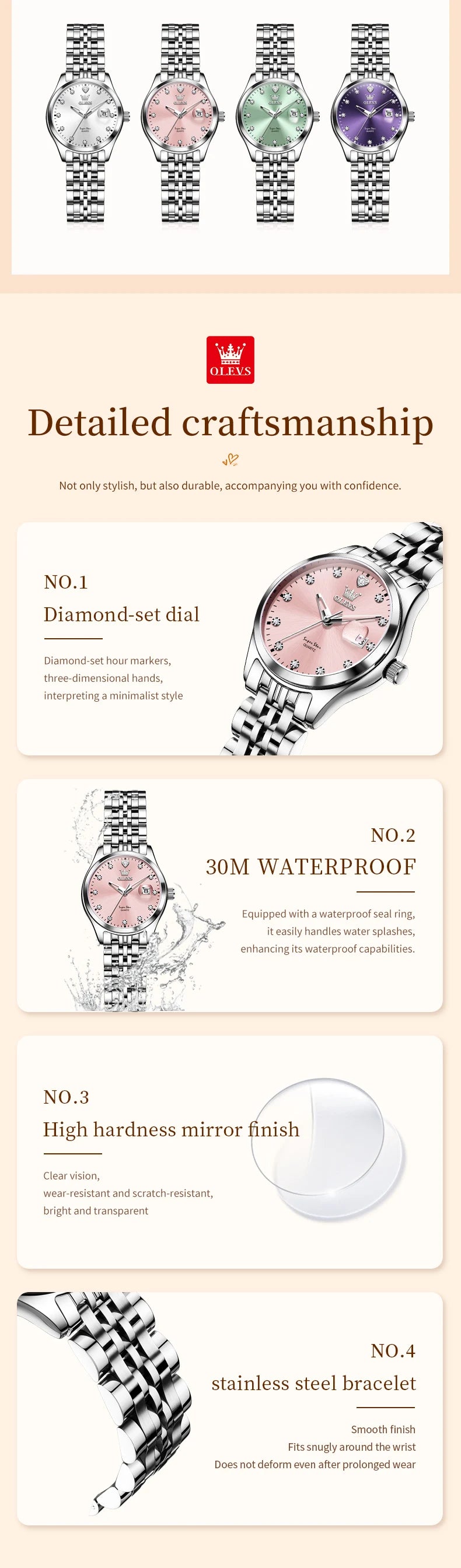 OLEVS Women's Watches 5649L Trend Fashion Original Quartz Watch for Lady Stainless Steel Strap Waterproof Luminous Date Elegant