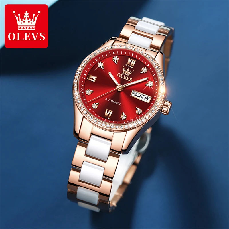 OLEVS Fashion Women Mechanical Watches Luxury Diamond Ceramic Strap Waterproof Luminous Week Calendar Automatic Watch For Women