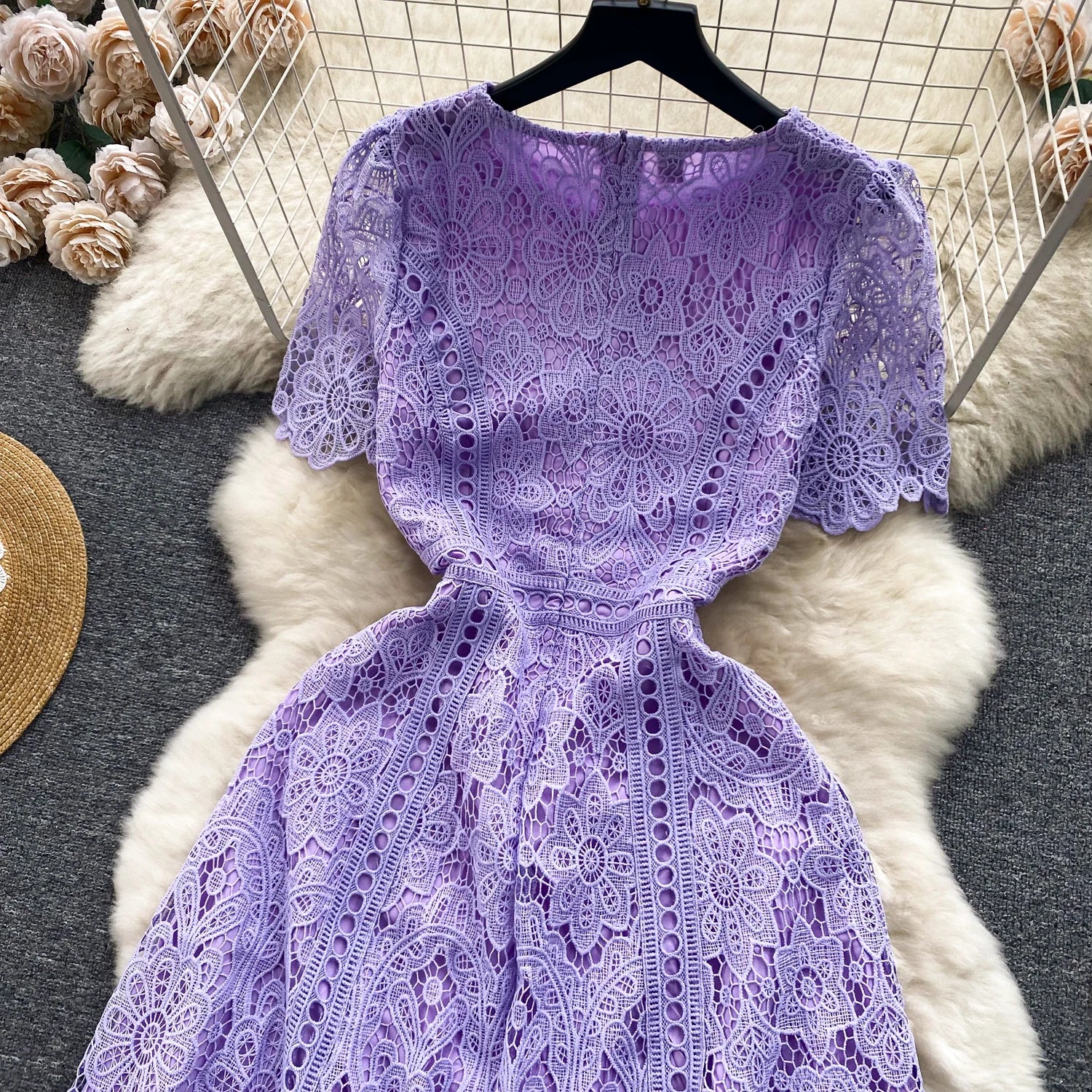 Embroidery Crochet Hollow Out Lace Dress For Women Summer Fashion Runway Short Sleeve Slim Waist Casual Party Midi Vestidos 6931