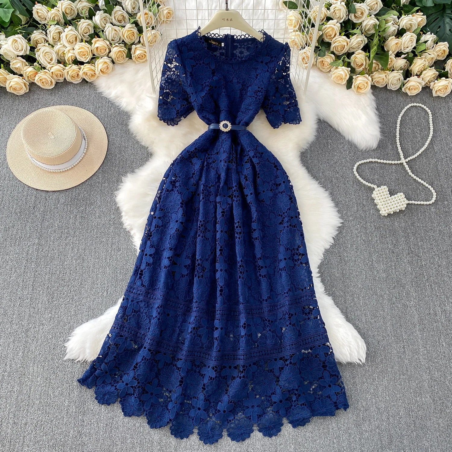 Brand Design Summer Embroidery Lace Long Dress Women Hollow Out Short Sleeve Midi Dresses Lady Belt Prom Evening Party Vestidos