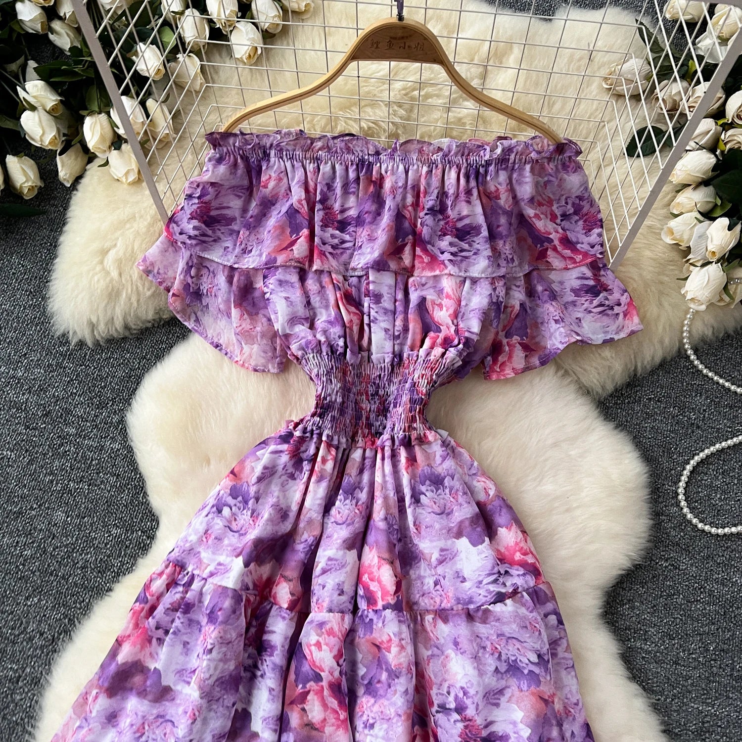 French Vintage Off Shoulder Short Sleeve Ruffle Tiered Long Dresses Chic Casual Beach Vacation Women Summer Chiffon Clothing