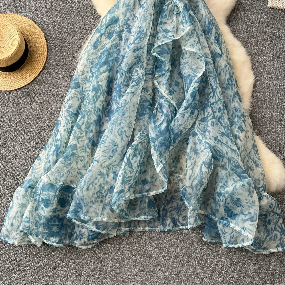 French Vintage Square Collar puff sleeve ruffle Dress A-line Chic Casual Beach Vacation Women Summer sweet dresses