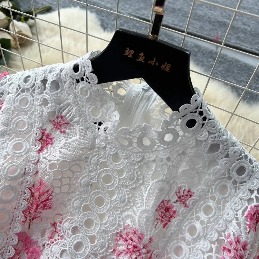 Designer Runway Summer White Flower Embroidery Evening Dress Women Short Sleeve Sexy Hollow Out Waist Long Vestidos Lace Dresses