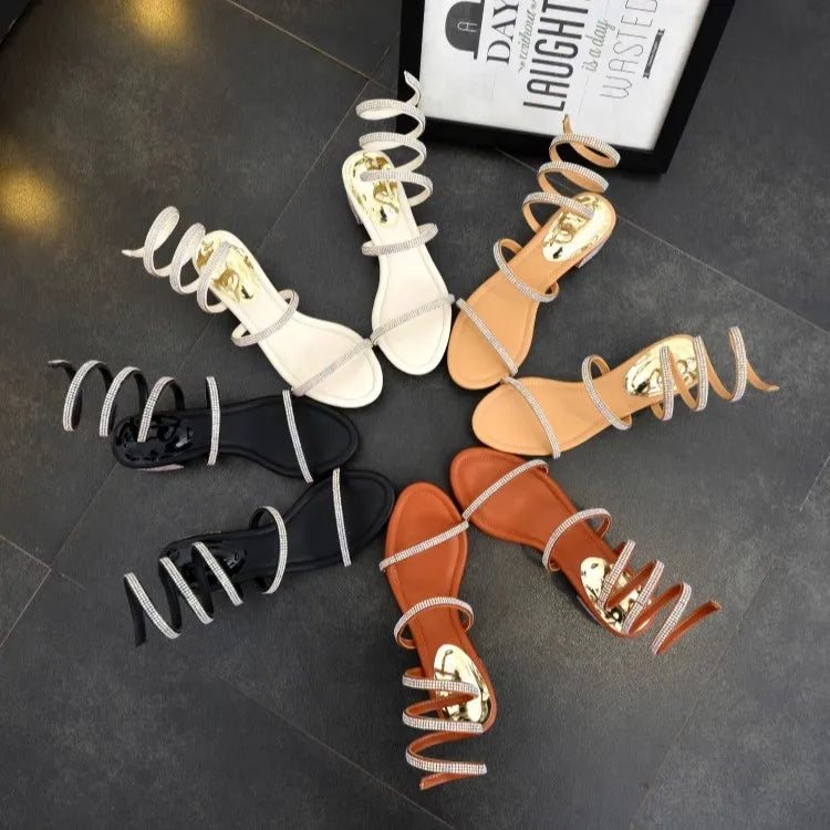 Summer Fashio 4CM Thick Heel Gladiator Sandals Women Flat Sandals Snake Punk Rhinestone Women Sandals Wedding Shoes