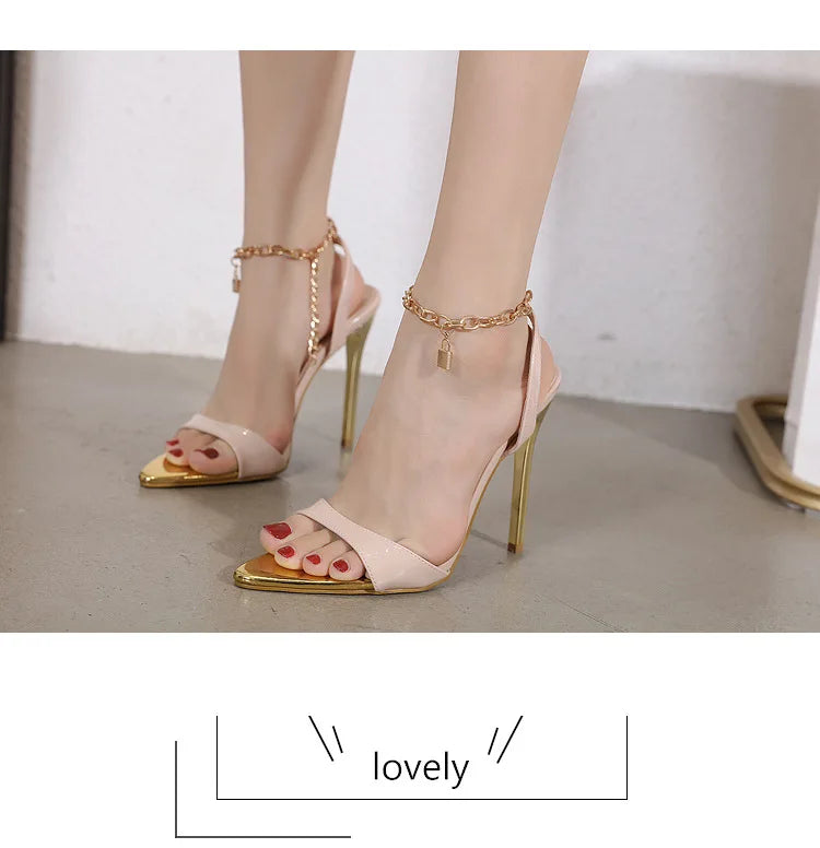 New Summer Sandals Women Fashion Gold Chain Ankle Strap Sexy Peep Toe Ladies Metal High Heels Sandals Woman Party Shoes Pumps