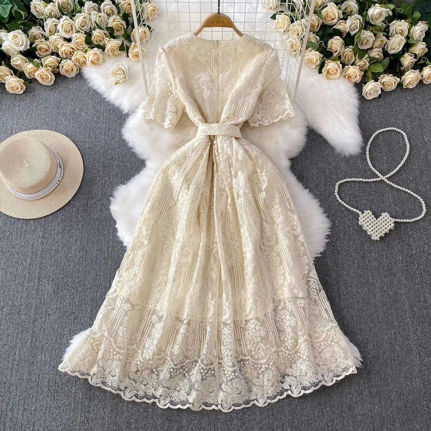 Luxury Formal Evening Lace Dress Women Summer Short Sleeve Crochet Embroidery Prom Long Dresses Runway Party Vestidos