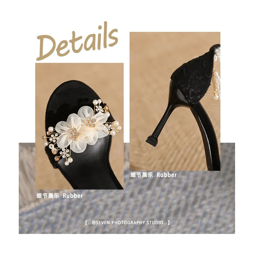 Small Size 31 32 33-43 Women Peep Toe Sandals Wedding Heels Wide Fat Feet Shoes for Women Pearl Flower Bridal Shoes Zaptos Mujer