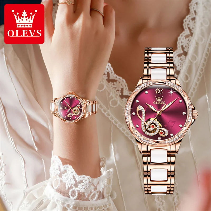 OLEVS Ceramic Diamond Women Watches Luxury Brand Musical Note Automatic Mechanical Watch Women Relogio Feminino Gift
