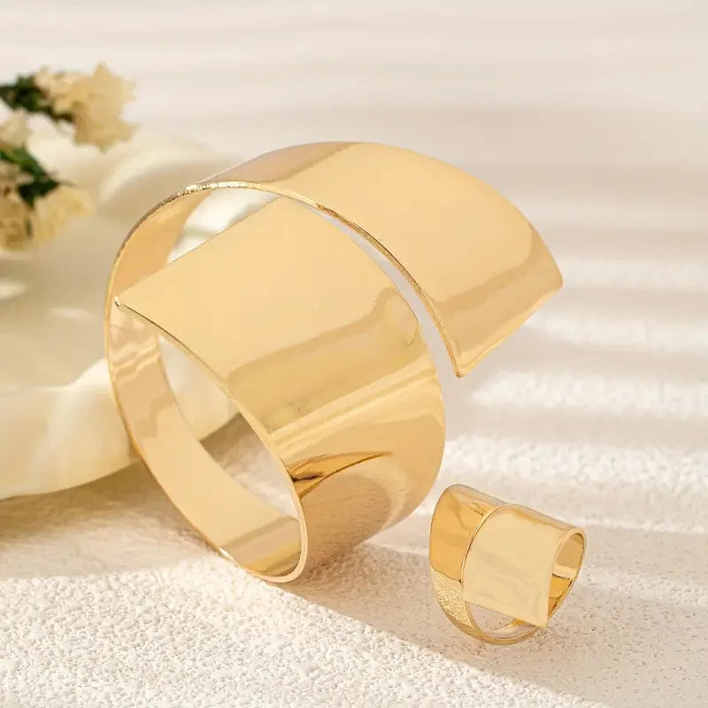 Exaggerated Creativity Irregular Geometric Wide Cuff Bracelet Ring Set for Women Simple Fashion Hand Jewelry Hot Sale Party Gift