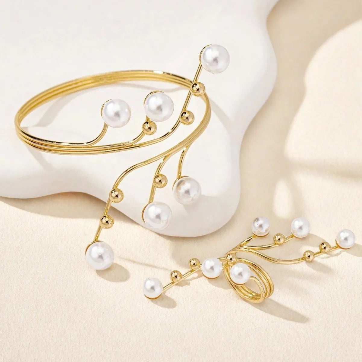 Simple Geometric Imitation Pearl Winding Line Ring Bracelet Set For Women Girls Exaggerated Personality Fashion Jewelry