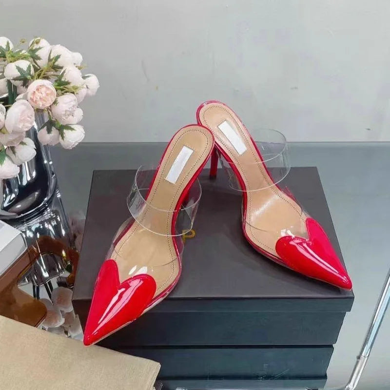 2025 Colorful Heart-Shaped Transparent Sexy Patchwork Color Sandals Women'S Half-Toe Pointed Toe Slippers 6cm/8cm/10cm
