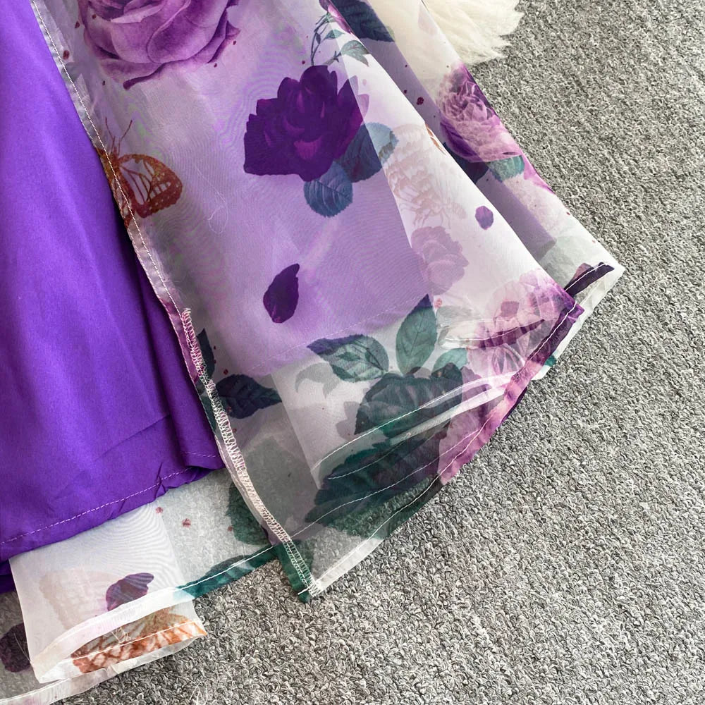 American Chic Maxi Dress for Women Floral Printed Skew Collar Sleeveless Female Dresses A-line Evening Club Vestidos Dropship