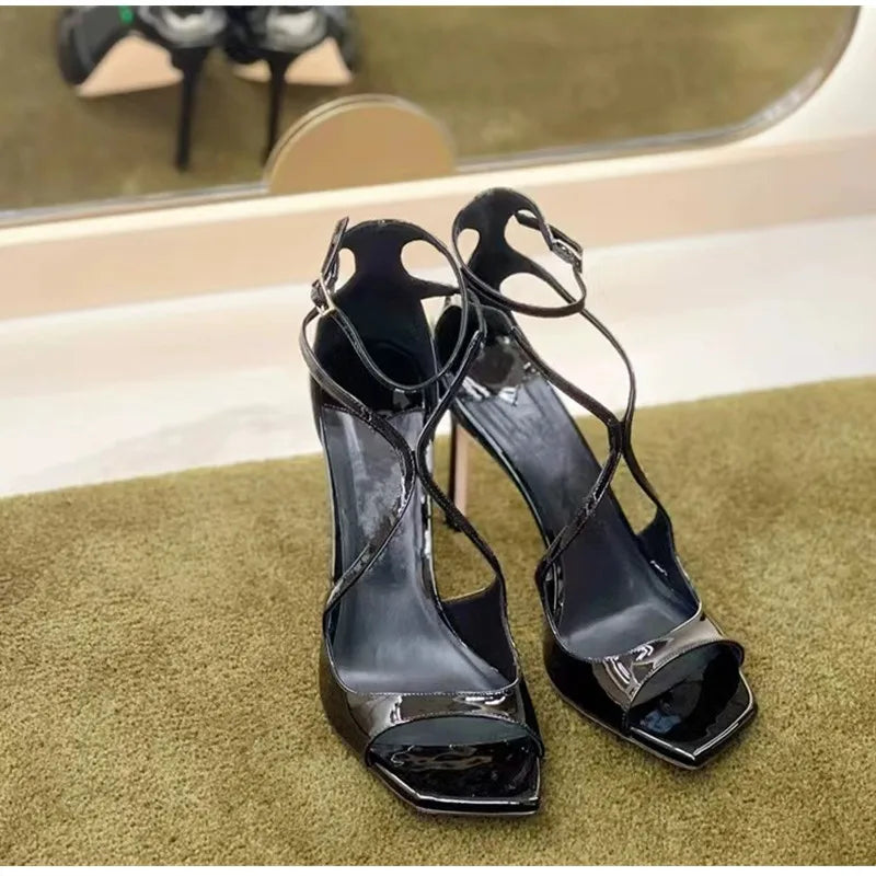 Fashion Patent Leather Peep toe Women Gladiator Sandals Sexy Narrow band Ankle Strap Gold Stiletto High heels Summer Party Shoes