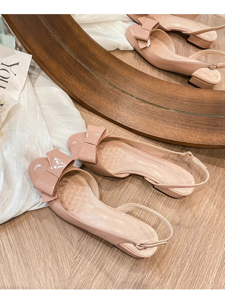 French-Style Bow Head-Toe Sandals For Women 2025 Summer New Style Chunky Heel Patent Leather High Heel Mid-Heel Sandals
