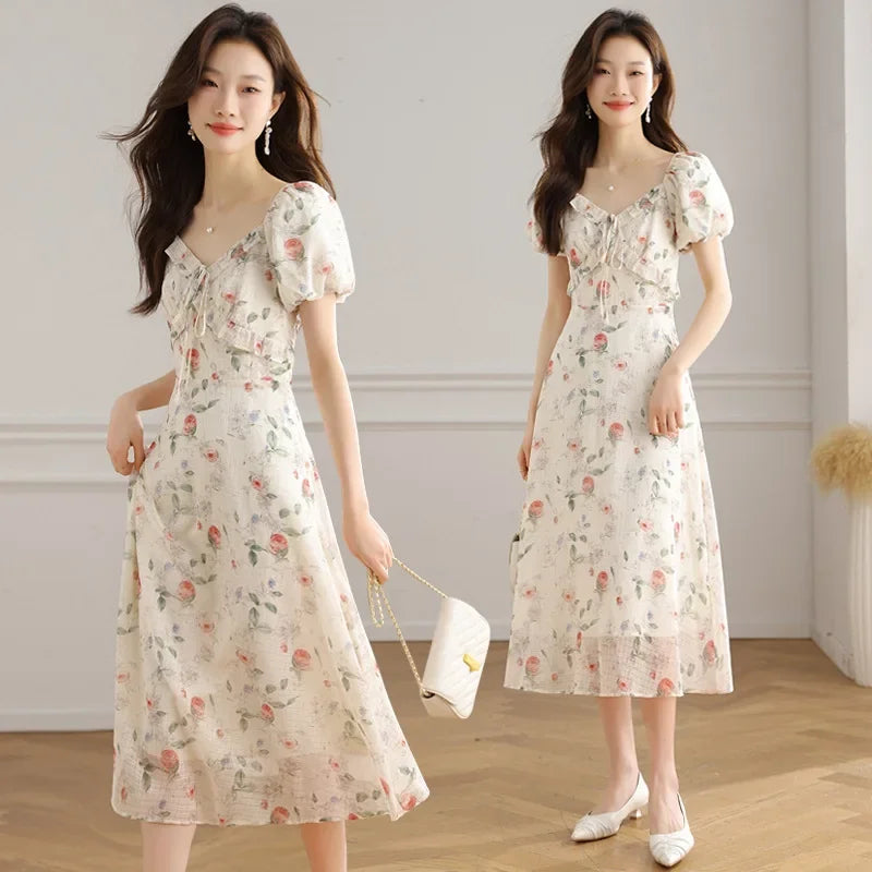 Elegant Summer Dress with Bubble Sleeves And Bellflower Pattern Slimming Empire Waist Knee-Length Polyester Fiber Short Sleeve