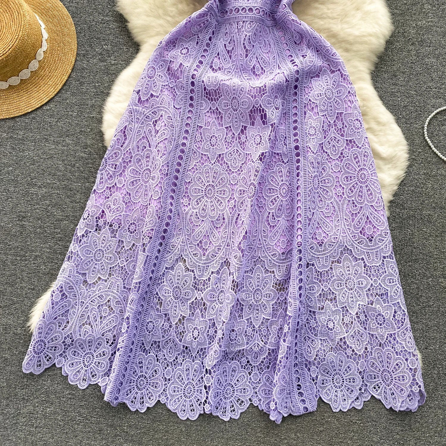 Embroidery Crochet Hollow Out Lace Dress For Women Summer Fashion Runway Short Sleeve Slim Waist Casual Party Midi Vestidos 6931