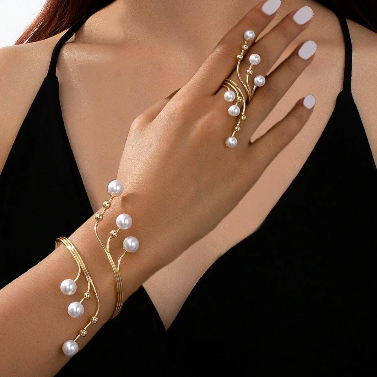 Simple Geometric Imitation Pearl Winding Line Ring Bracelet Set For Women Girls Exaggerated Personality Fashion Jewelry
