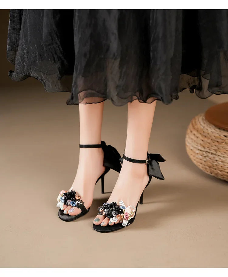 Summer Fashion Shoes Woman Pumps Open Toe Satin Flower Bow Buckle High Heels Ladies Sandals Women's Dress Wedding Party Shoes