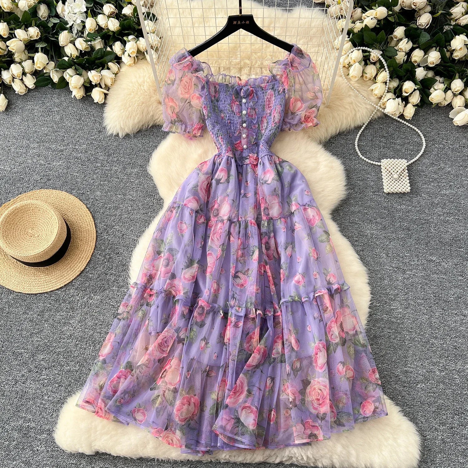 Retro Floral Chiffon Dr Women's Waist Cinched One oulder Bubble Sve Me Skirt Commute Korean Sle High Waist A-Line...
