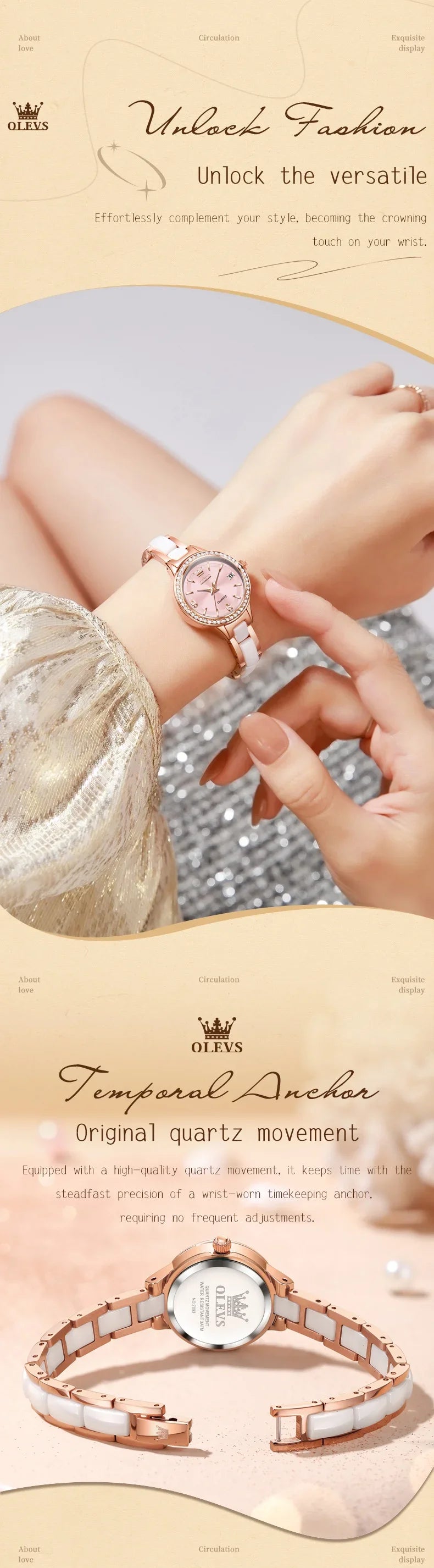 OLEVS Luxury Quartz Watch Women Elegant Ceramics Strap Waterproof Auto Date Luxury Lap Ladies Watches 7093