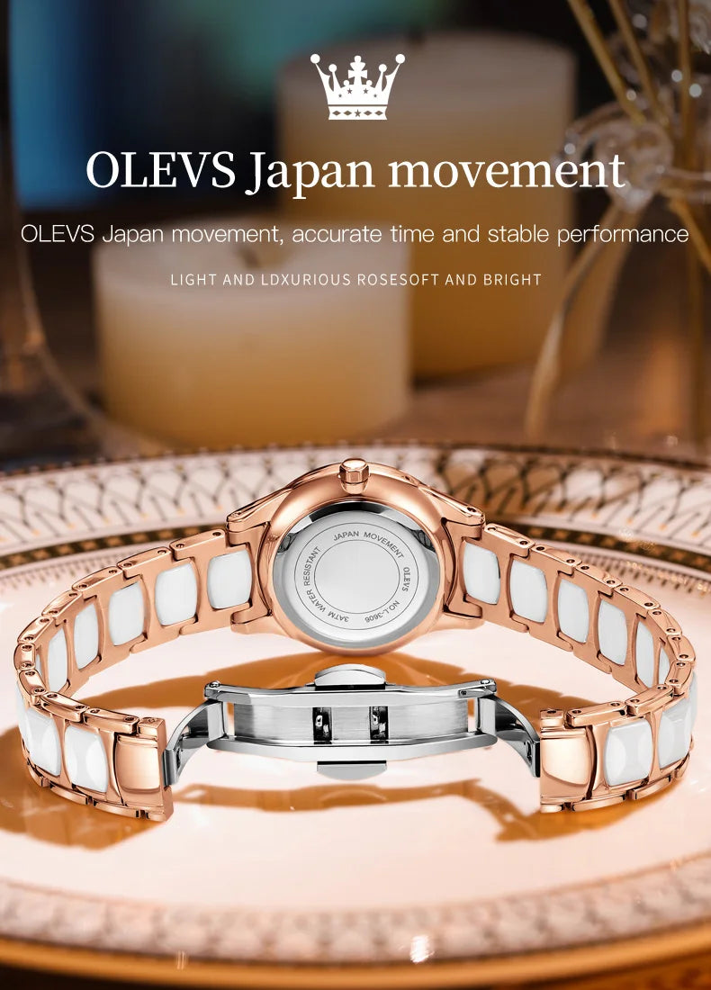 OLEVS 3606 Luxury Women Watch Camellia Quartz Japan Movement 30M Waterproof Watch For Women Ceramics Women Mechanical Watch