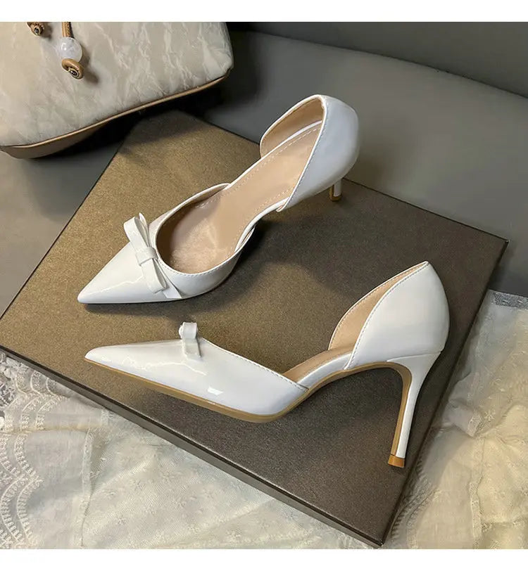 New Autumn Patent Leather Nude High Heels Thin Heel Pointed Bow Korean Version Summer Senior Feeling Hollow Female Pumps