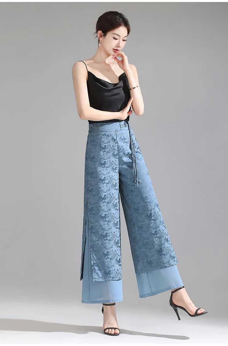 Chiffon Wide Wide Trousers Female Elegant Vintage New Pants Summer Thin Split Loose Skirt Pants Women Black Green
