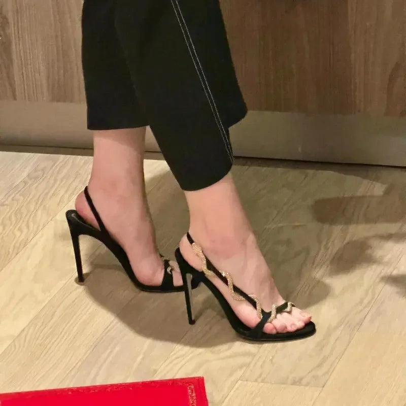 2025 Female New Serpentine Line With Fine Heel French Sandals Female Summer Drill Side Empty Sexy Open-Toed High Heels