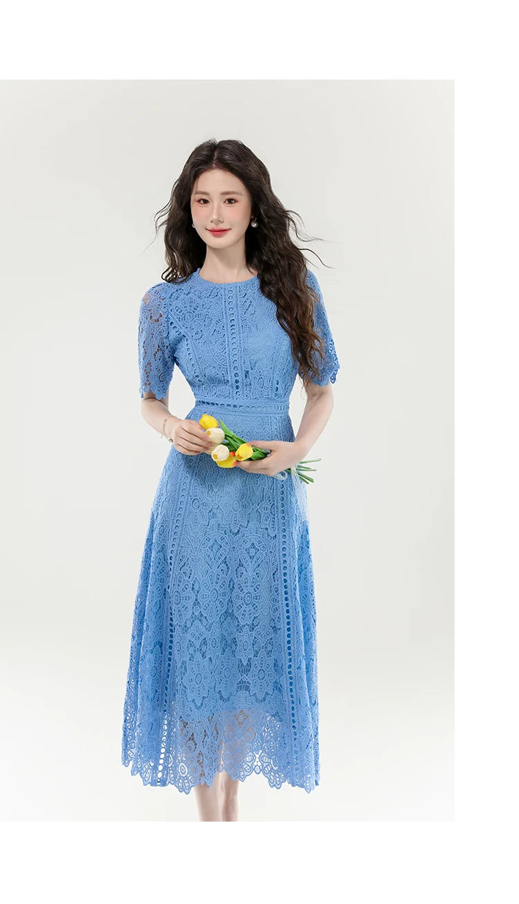 High Quality Lace Hollow Out Women Long Elegant Office Dress Summer French Chic Casual Vintage Purple Short Sleeve A-line Dress